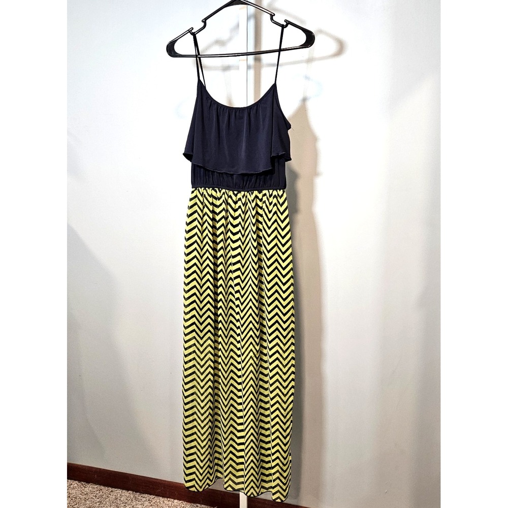 Sweet Storm Women's Size L Maxi Summer Dress Navy/Bright Green Ruffle Scoop Neck